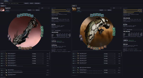 Fitting tool with a Vagabond and a Zealot open side by side: slots, modules and charges, with resources, value, offense, defense, capacitor, navigation and targeting worked out for the pilot