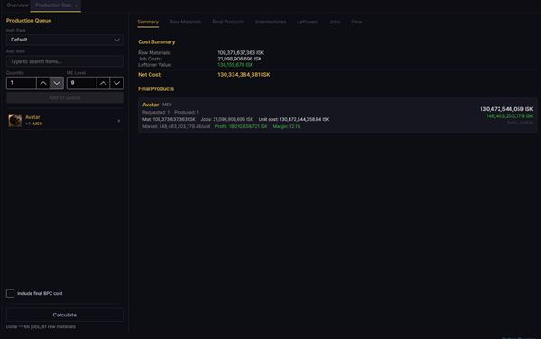 Production Calculator showing build cost and materials for a capital ship